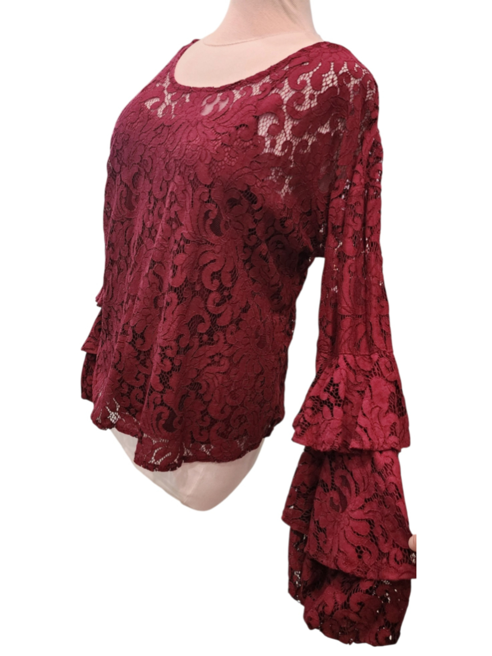 Solitaire Burgundy Boho Lace Top Cami 2 Pc Set Tiered Bell Sleeve Blouse XL